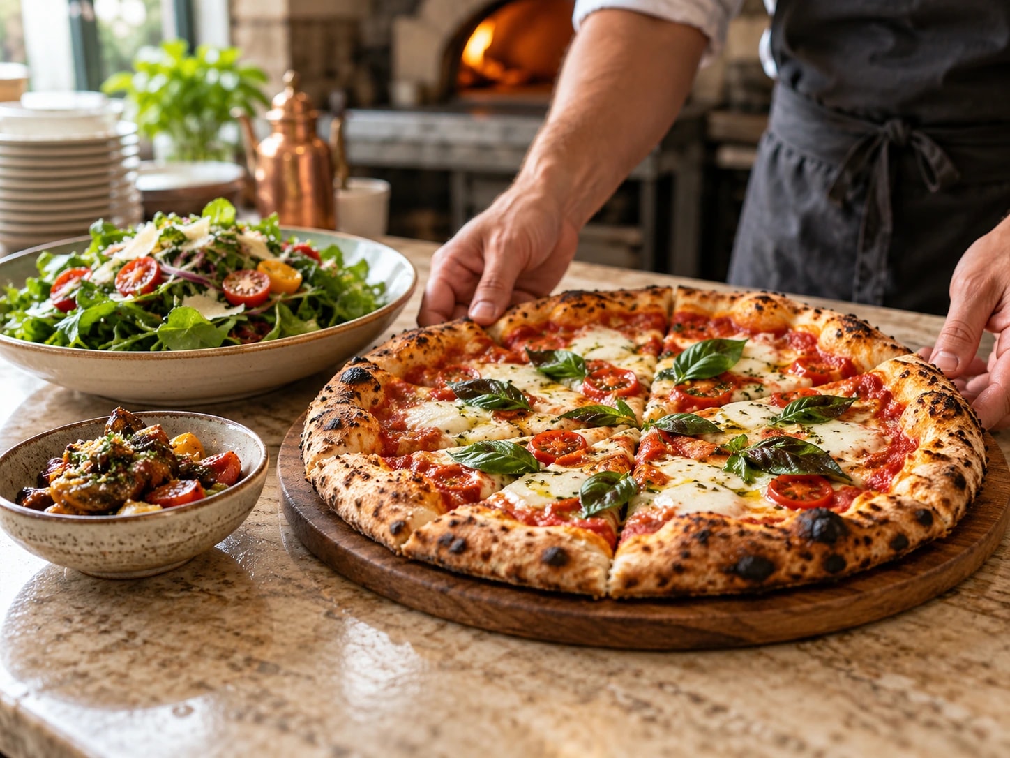 Fresh pizza and salad prepared at a restaurant counter