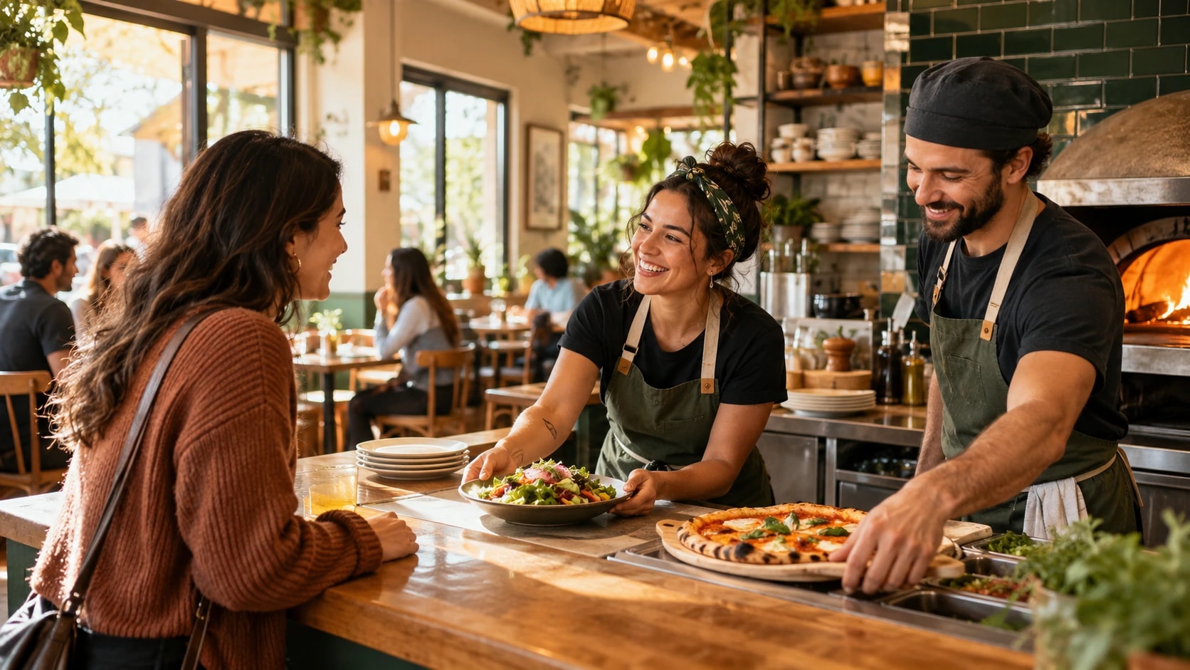 Restaurant staff serving fresh food to a customer at a neighborhood restaurant
